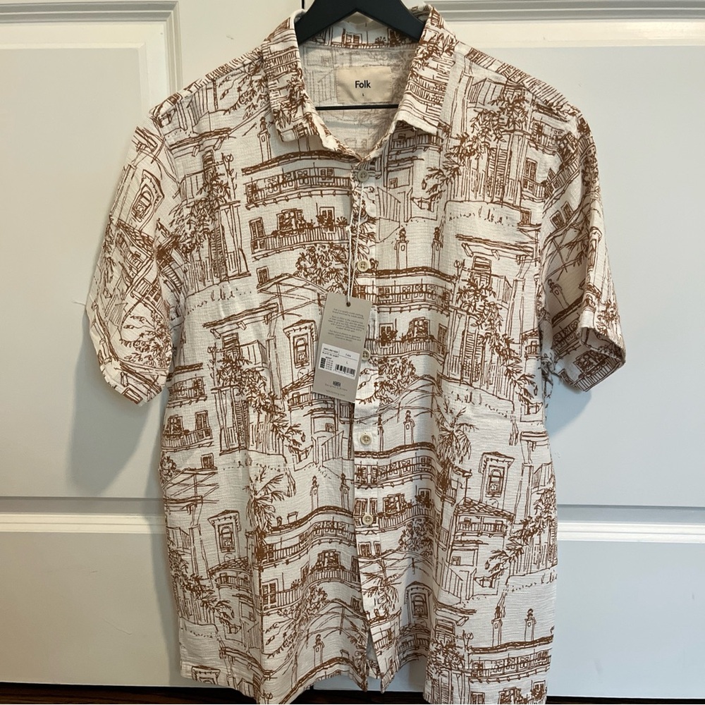Folk Clothing Shirt Mens L Tan Short Sleeve Button Linen Blend Print $155 NWT